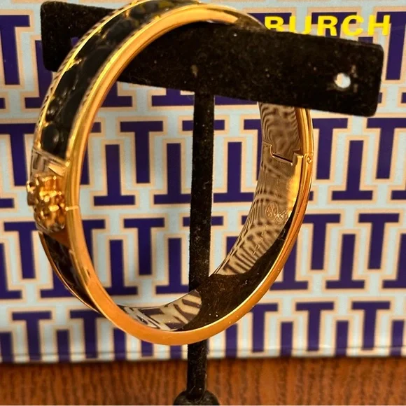 Tory Burch- Black Croc Embossed Leather and Gold Enamel Hinged Bracelet, EUC